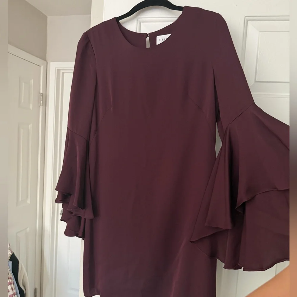 MILLY Silk Dress Ruffle Bell Sleeve Shift Dress Size 4 Plum Purple Mini Cocktail - Picture 4 of 10